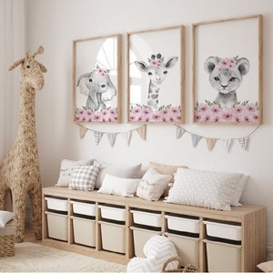 Girls Nursery Prints, Safari Nursery Prints, Girls Nursery Decor, Baby Girl Room, Animal Nursery Prints, Personalised Name, Floral Wall Art