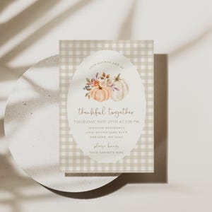 Editable Thanksgiving Invitation Instant Download Gingham Fall Thanksgiving Invite Watercolor Pumpkin Thanksgiving Invite Printable Invite
