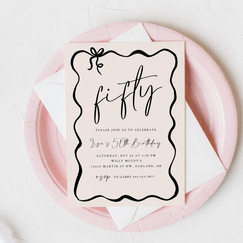 Editable 50th Birthday Invitation Instant Download Coquette Fiftieth Birthday Hand Drawn Invite Bow Invite Printable Invite image 4