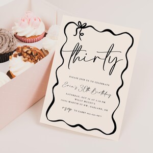 Editable 30th Birthday Invitation, Instant Download, Coquette Thirtieth Birthday, Hand Drawn Invite, Bow Invite, Printable Invite