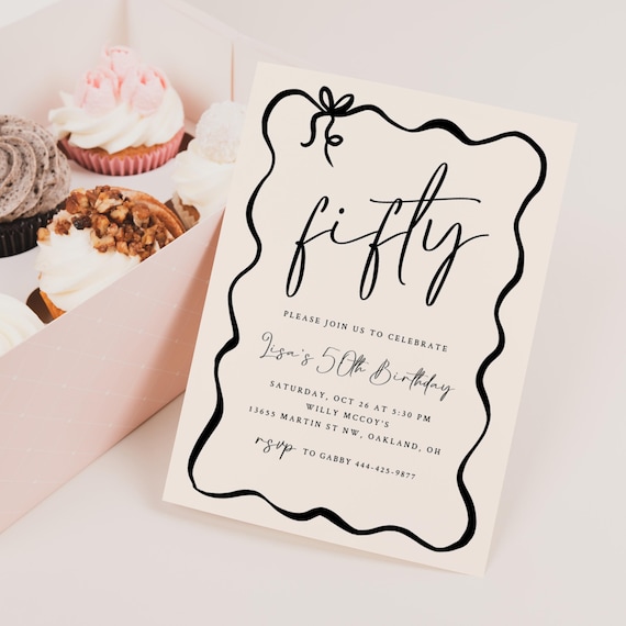 Editable 50th Birthday Invitation Instant Download Coquette Fiftieth Birthday Hand Drawn Invite Bow Invite Printable Invite