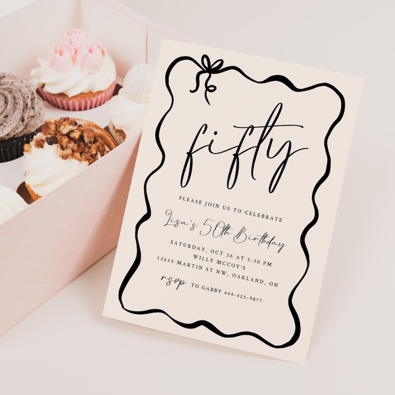 Editable 50th Birthday Invitation Instant Download Coquette Fiftieth Birthday Hand Drawn Invite Bow Invite Printable Invite image 1
