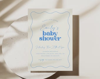 Editable Wavy Baby Shower Invitation, Instant Download, Modern Blue Baby Shower Invite, Wave Baby Shower Invite, Printable Invite B603