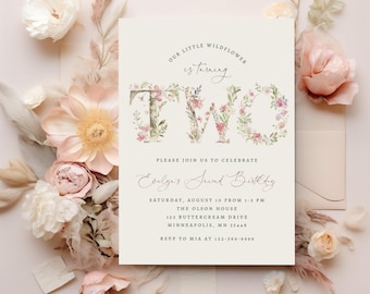 Editable Wildflower 2nd Birthday Invitation Wildflower Second Download Floral Second Birthday Our Little Wildflower is Two Invite B755