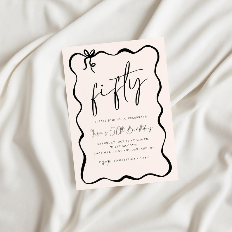 Editable 50th Birthday Invitation Instant Download Coquette Fiftieth Birthday Hand Drawn Invite Bow Invite Printable Invite image 3