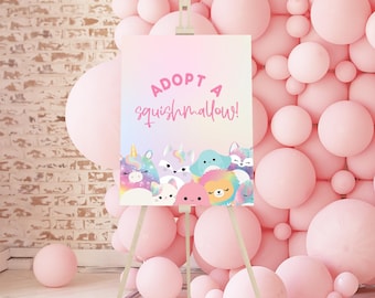 Editable Squishmallow Sign, Adopt a Squishmallow, Instant Download, Rainbow Squish Party, Pink Squish Sign, Printable Birthday Sign S971
