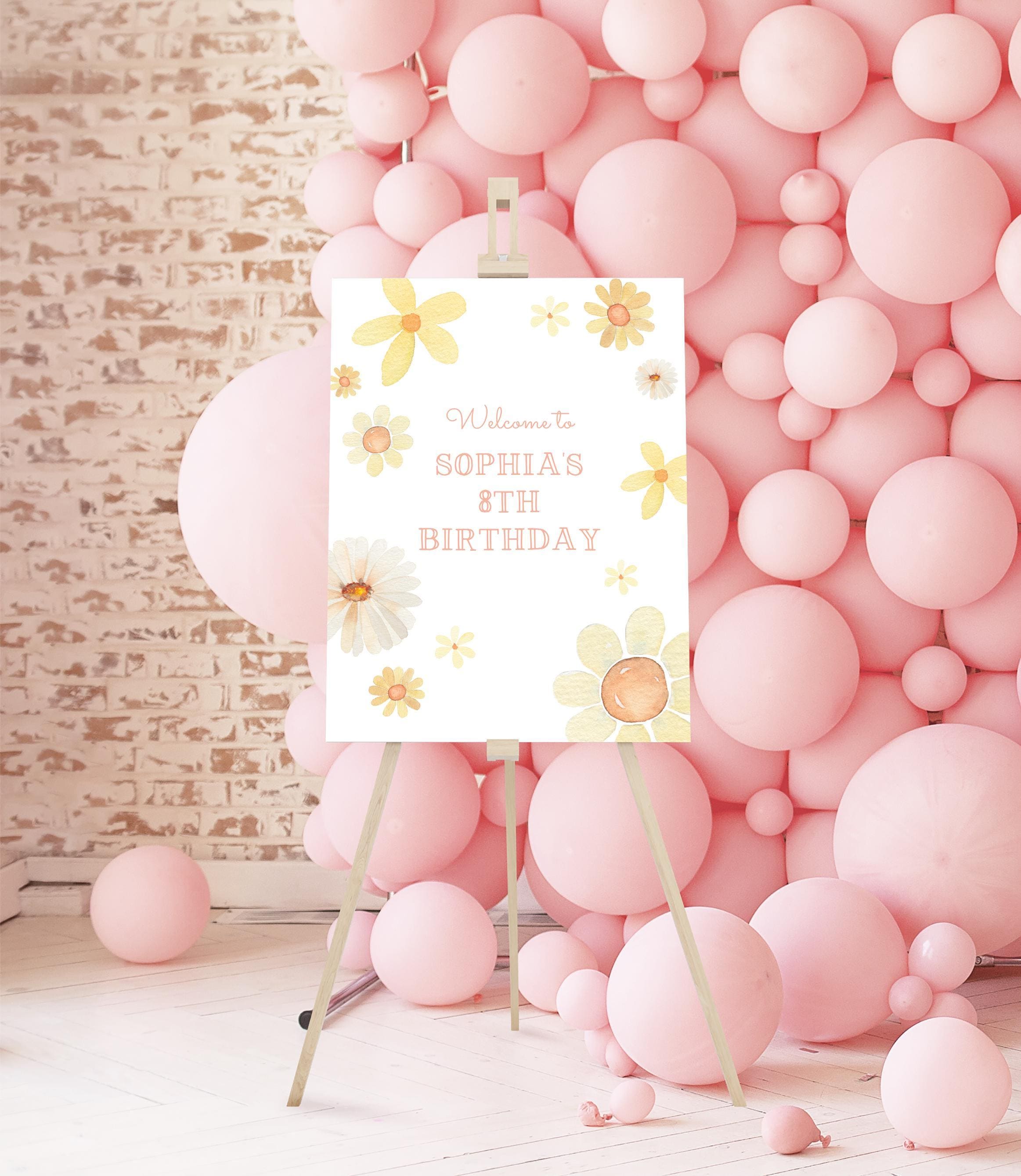 Editable Daisy Birthday Welcome Sign Instant Download Pink Daisy Birthday Groovy Sign Watercolor Daisy Printable Sign B744