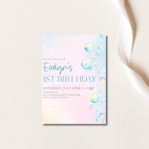 Invitación de cumpleaños con burbujas editables, descarga instantánea, invitación con burbujas pastel, invitación emergente, invitación con burbujas para niña, invitación imprimible en pastel