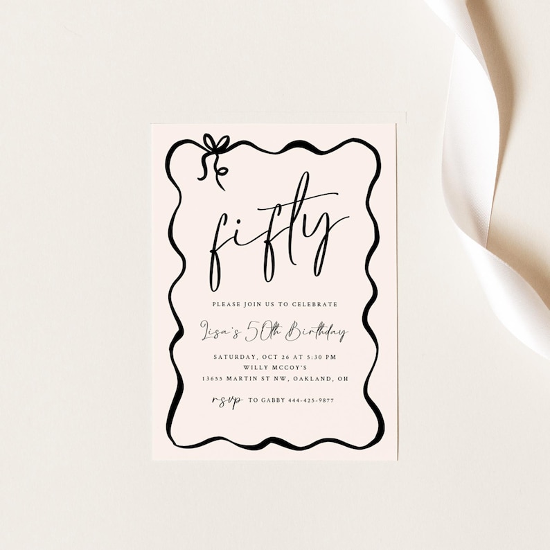 Editable 50th Birthday Invitation Instant Download Coquette Fiftieth Birthday Hand Drawn Invite Bow Invite Printable Invite image 2
