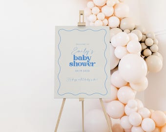 Editable Wavy Baby Shower Welcome Sign, Modern Cobalt Baby Shower, Instant Download, Wave Baby Welcome Decor Printable Sign B603