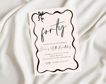Invitación editable para 40 cumpleaños, descarga instantánea, coqueta, dibujada a mano, con lazo, imprimible