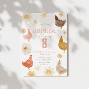 Bewerkbare verjaardagsuitnodiging kip, instant download, verjaardag kip, kakel door, boerderij madeliefje uitnodigen, afdrukbare uitnodiging B346