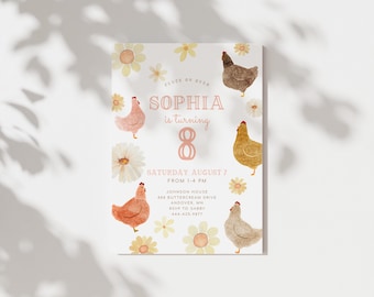 Editable Chicken Birthday Invitation, Instant Download, Chicken Birthday, Cluck on Over, Farm Daisy Invite, Printable Invite B346