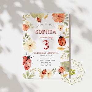 Bewerkbare verjaardagsuitnodiging lieveheersbeestje, instant download, eerste verjaardag lieveheersbeestje, ons kleine lieveheersbeestje, afdrukbare uitnodiging voor girly insect S652
