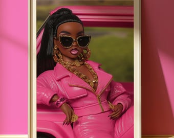 90's Doll Poster, Pink Theme Black Doll, Black Girl Art Print, Retro, Barb, Girly Art, Pink doll art, girly aesthetic, Pink Dorm Room decor