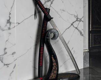 Handgefertigtes Damaszener-Katana – 70/90 cm langes Samurai-Schwert, Klinge aus Edelstahl, Holzgriff, Präsentationsständer