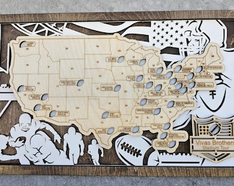 Mappa di viaggio degli stadi NFL - Tracker degli stadi di football americano - Lista dei desideri - Regalo personalizzato per lui - Decorazione da parete per la tana dell'uomo - Papà