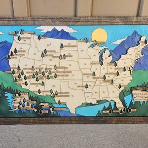 USA National Parks Map – Custom Wood Travel Map with Trees – National Park Checklist – Adventure Gift – Rustic Wall Art for Travelers