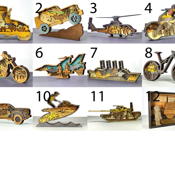 Transportation Wood Decor, Tractor, Airplane, Helicopter, Motorcycle, Truck, Tank, Jet ski, Bike