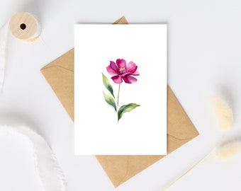 Printable Versatile Greeting Card with a Simple Magenta Flower for All Occasions + Bonus Envelope | Instant Download