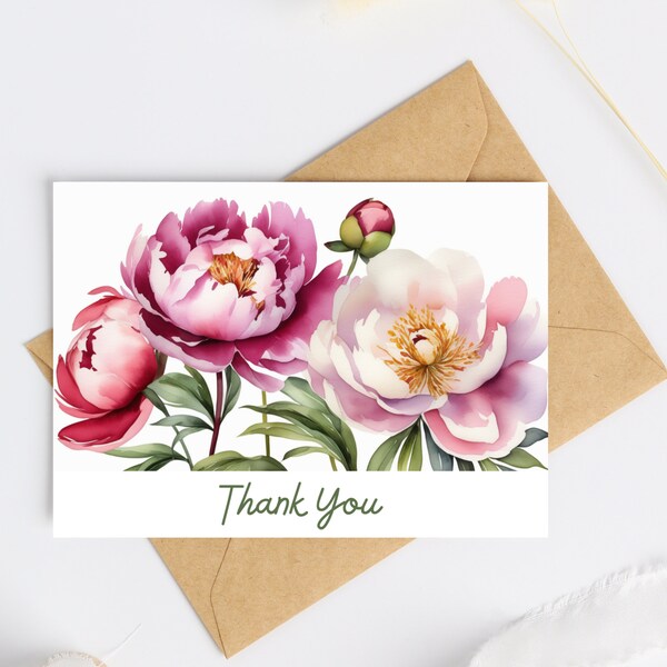 Printable Thank You Card with Peony Flowers for all occasions + Bonus Envelope | Instant Download