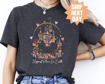 Disney Floral Castle Shirt, Happiest Place On Earth Shirt, Vintage Disney Shirt, Magic Kingdom Shirt, Retro Vacation Shirts, Disney T-Shirt