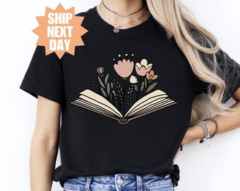 Buch Liebhaber Shirt, Buch mit Blumen, Blumen Buch Liebhaber T-Shirt, Geschenk für Lehrer Shirt, Geschenk für Bücherwurm, Wilde Blumen Shirt, Frühling Shirt