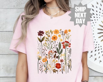 植物シャツ、彼女へのギフト、ボヘミアン ワイルドフラワー シャツ、コンフォートカラー ワイルドフラワー シャツ、自然愛好家シャツ、ヴィンテージ ボタニカル シャツ、レディース シャツ