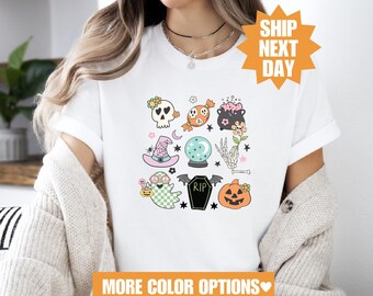 Linda camisa de otoño, camisa de Halloween, camiseta con símbolos lindos de Halloween, camisa de Halloween fantasma, camisa de Halloween 2024, camiseta de garabatos de Halloween