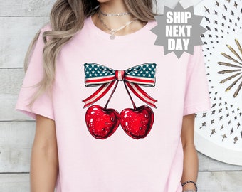 Camiseta Cherry USA, presente de cereja americana, camisetas de 4 de julho, camiseta de cereja americana, camiseta de cereja com padrão americano, presente de amante de cereja