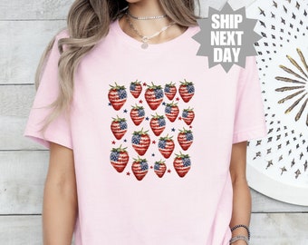 American Flag Strawberry Shirt, Retro Strawberry T-Shirt, Strawberry Flags, 4th Of July T-Shirt, Independence Day Shirt, Red White and Blue
