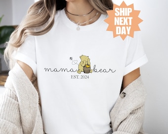 Mama Pooh Bear Shirt, Custom Mama Shirt, Winnie The Pooh Mama Bear Shirt, Pooh and Flower Shirt, Mama Est Shirt, Cute Pooh Shirt, Pooh Shirt
