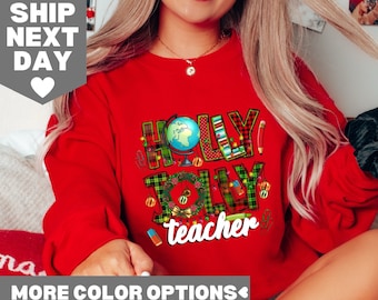 Shirt Holly Jolly Teacher, cadeau voor leraar-kerst T-shirt, leuk shirt kerstleraar, kerstcadeau voor leraar, shirt kerstleraar