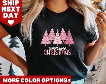 Christmas Tree Shirt, Merry Christmas Pink Christmas Trees Shirt, Holiday Sweaters for Women, Christmas Gift, Ladies Merry Christmas Shirt