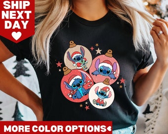 Lilo y Stitch Navidad, lindas camisetas de Stitch para Navidad, camiseta de Navidad de Disney, linda sudadera con globo de Navidad de Stitch y Papá Noel de Disney