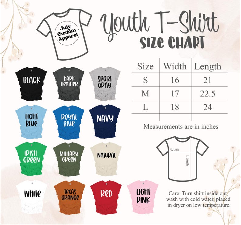 the youth t - shirt size chart is shown