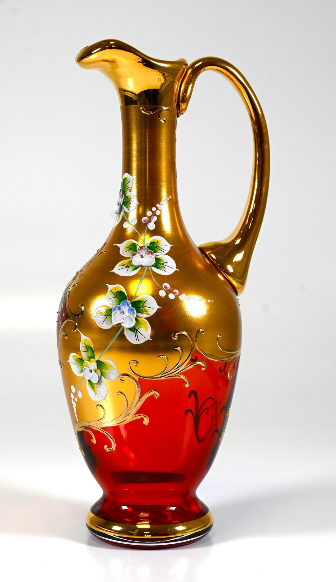 Jug Bohemia Gold Red With Flowers Etsy New Zealand