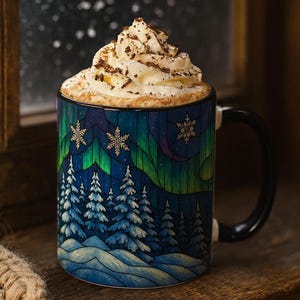 Puede incluir: Una taza de cerámica con asa negra, llena de una bebida y cubierta con crema batida y virutas de chocolate. La taza presenta una escena invernal con copos de nieve, árboles de hoja perenne y un diseño de aurora boreal en tonos azules y verdes.
