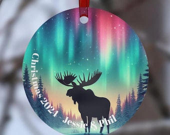 Custom Northern Lights Moose Ornament, Personalized Christmas Tree Decor, Holiday Gift, Unique Wildlife Decoration, Alaskan Moose Decoration