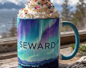 Seward Alaska Coffee Mug, Aurora Borealis Hot Chocolate Mug, Resurrection Bay Watercolor Coffee Cup, Northern Lights Gift
