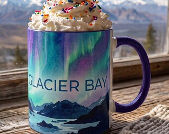 Glacier Bay Alaska Mug, Aurora Borealis Cup, Alaska Glacier Watercolor Coffee Cup, Northern Lights Gift