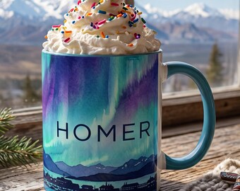Homer Alaska Coffee Mug, Aurora Borealis Tea Cup, Homer Spit Watercolor Coffee Cup, Northern Lights Hot Chocolate Mug