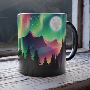 Northern Lights Color Changing Mug, Aurora Borealis Coffee Mug, Celestial Moon Coffee Mug, Gift for Alaska Lovers and Adventurers, Magic Mug