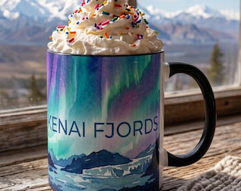 Kenai Fjords Alaska Cup, Aurora Borealis Mug, Glacier Watercolor Coffee Cup, Alaska Coastal Gift, Northern Lights Hot Chocolate Mug