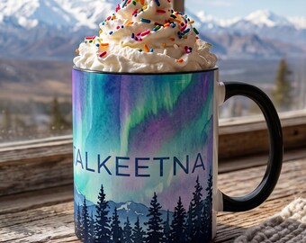 Talkeetna Alaska Coffee Mug, Aurora Borealis Mug, Denali View Watercolor Coffee Cup, Northern Lights Gift