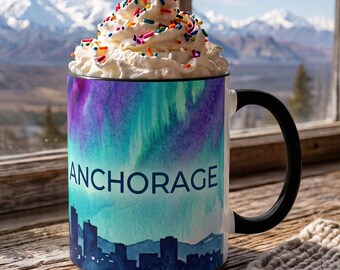 Anchorage Alaska Coffee Mug, Northern Lights Hot Chocolate Cup, City Skyline Watercolor Coffee Mug, Northern Lights Gift