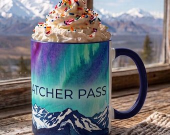 Hatcher Pass Alaska Mug, Aurora Borealis Coffee Cup, Alaska Mountain Watercolor Coffee Cup, Northern Lights Gift