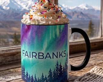 Fairbanks Alaska Coffee Mug, Alaska Northern Lights Watercolor Coffee Cup, Aurora Borealis Hot Chocolate Gift