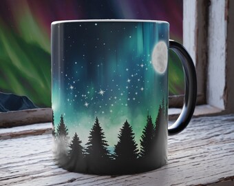 Aurora Borealis Moon Mug, Color Changing Northern Lights Cup, 11oz Color Morphing Mug, Heat Sensitive Mug