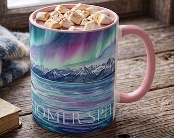 Homer Alaska Coffee Mug, Homer Spit Watercolor Coffee Cup, Northern Lights Hot Chocolate Mug